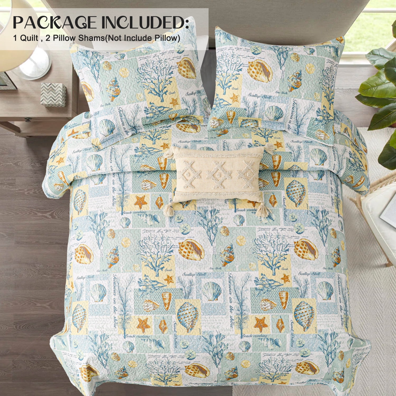 Kebury Ocean Beach Theme Quilts Bedding Set Queen Size Lightweight Patchwork Coastal Bedding Letter Printed Coverlets Conch Seashell Starfish Seaweed Bedspreads (1 Quilt, 2 Pillow Shams)
