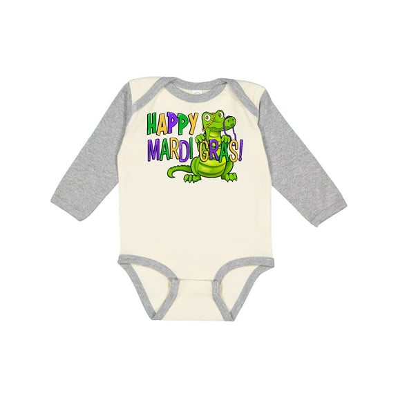 Inktastic Happy Mardi Gras Cute Alligator with Beads Boys or Girls Long Sleeve Baby Bodysuit