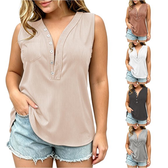 XIYON Tank Tops For Women Elegant Solid Color Sleeveless Button Front Pocket Tank Top For Lightweight Casual Surplice Design Fashion Clothing