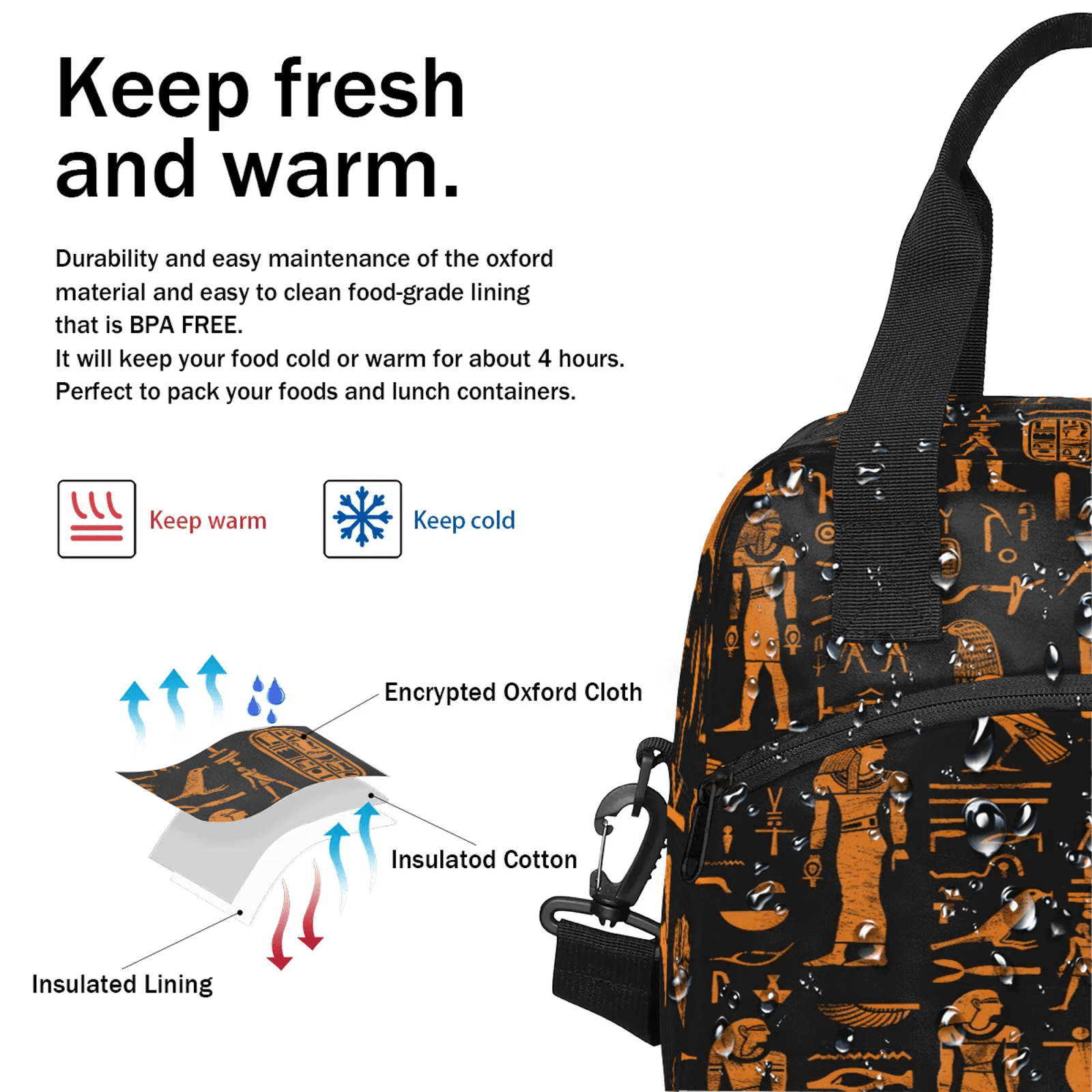 Herdesigns Ethnic Egypt Egyptian Insulated Lunch Bag for Women Men Adult, Reusable Insulated Cooler Lunch Box Lunch Tote Bag for Work Picnic Beach
