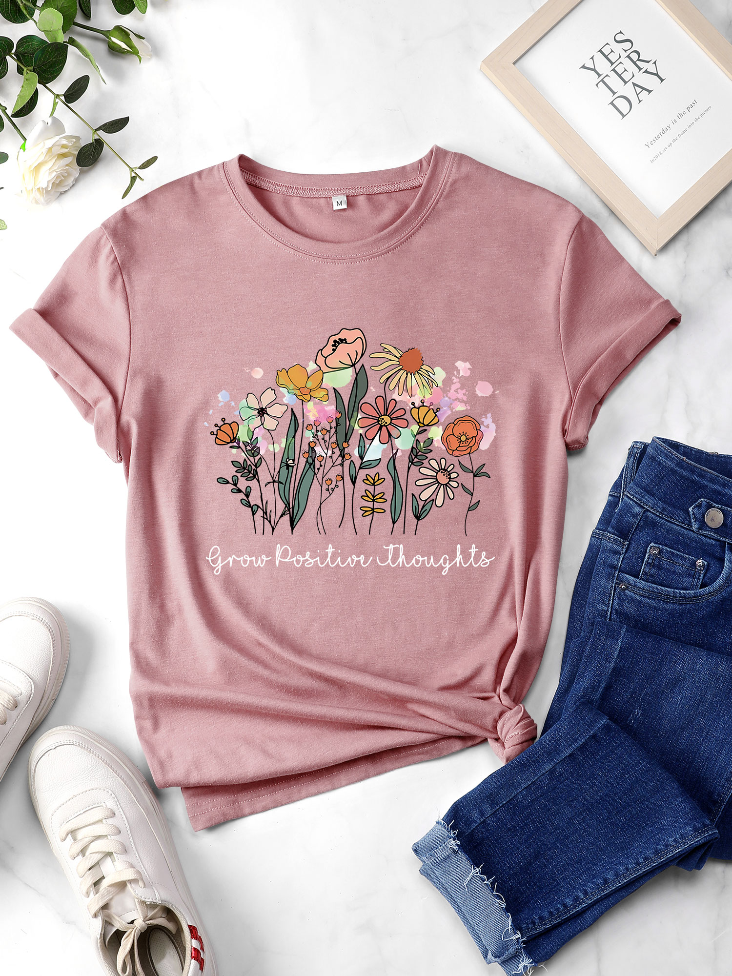 ZXSXSY Women's Graphic Tees Positive Thoughts Floral Letter Print