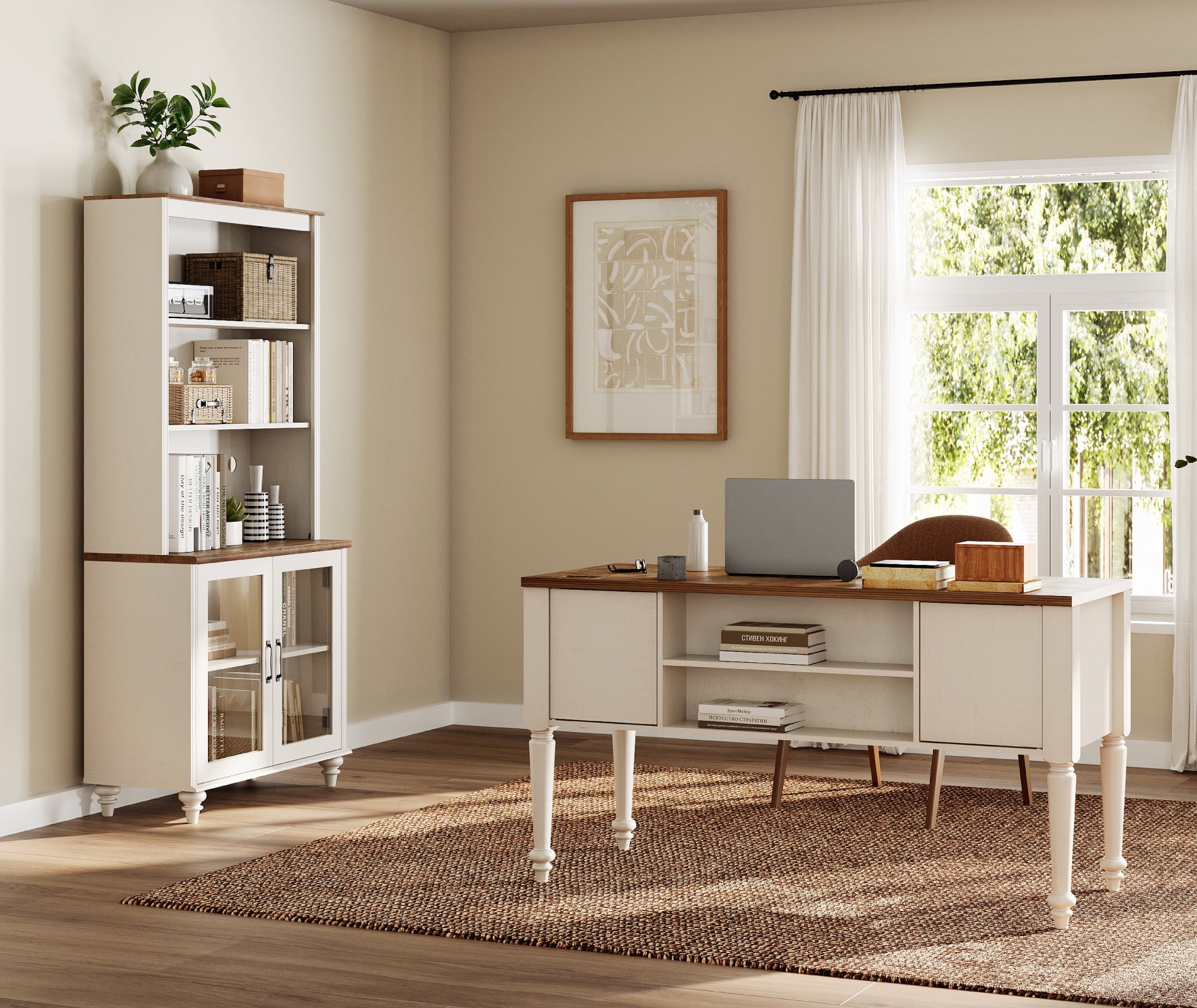 White Home Office Furniture Set, 56" Executive Desk with Charging Station, 72" Tall Bookcase with 2 Glass Doors, Wood Computer Desk with File Cabinet Storage, Open Shelf