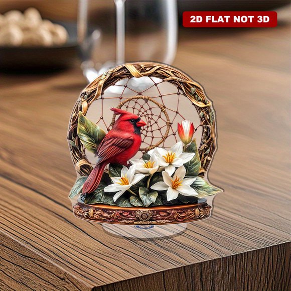 Rotating acrylic ornament featuring a vibrant dream catcher and a cardinal among lily bushes, showcasing intricate details and rich colors perfect for spring decoration