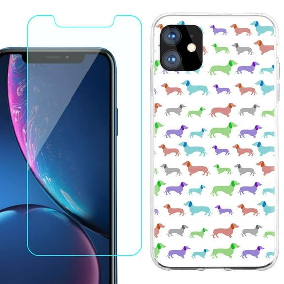 For Apple iPhone 11 Case , Slim-Fit TPU Protective Phone Case with Tempered Glass Screen Protector, by OneToughShield ® - Colorful Dachshund/Puppy