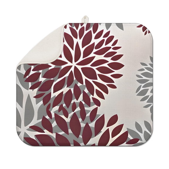Red and Gray Floral Pattern Dish Drying Mat for Kitchen 1 Pack, Ultra Absorbent Microfiber Dishes Drainer Mats,16"x18"