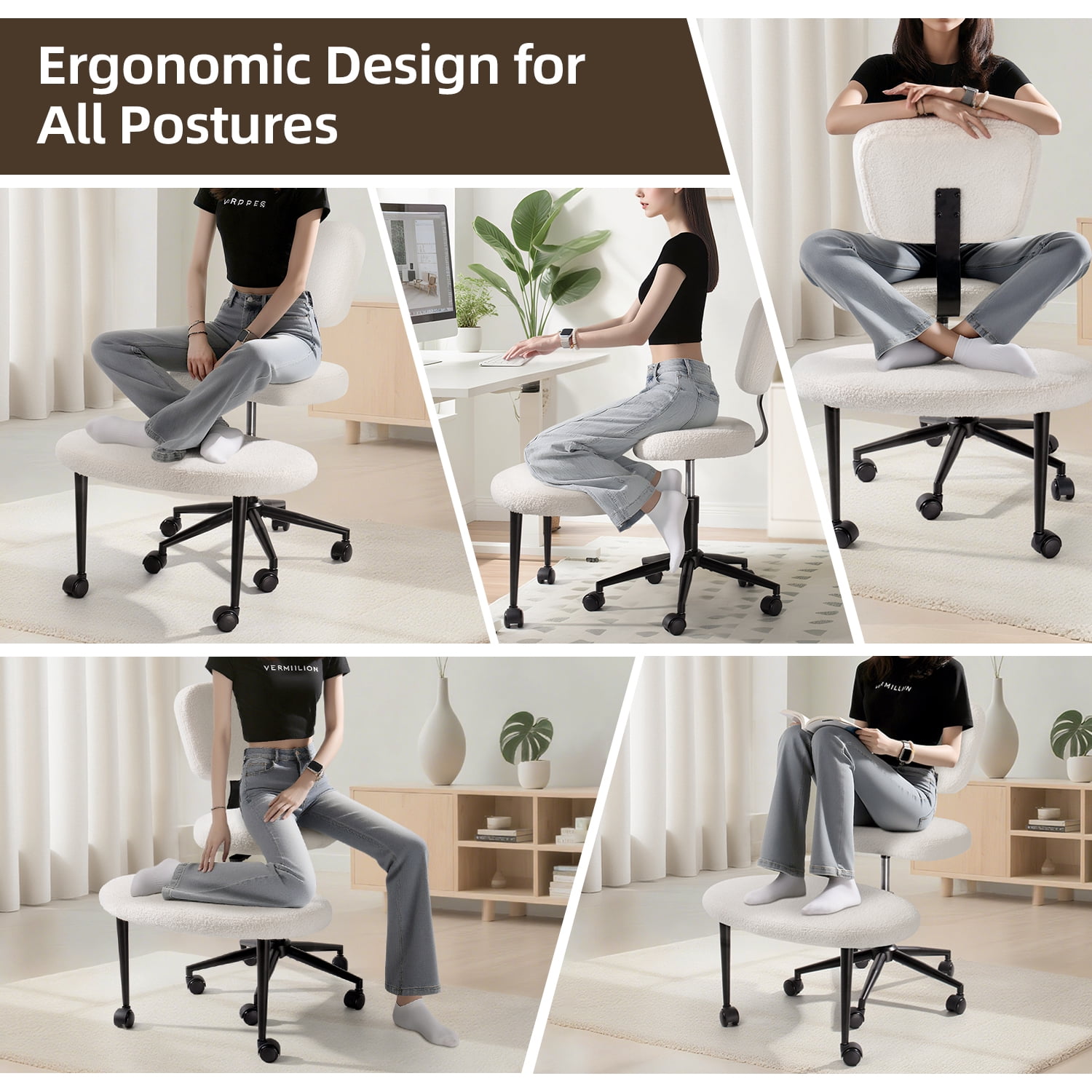 Waleaf Cross Legged Office Chair Swivel, Ergonomic ADHD Desk Chair with Wide Seat, Heavy Duty Boucle Yoga Meditation Chair for Adult