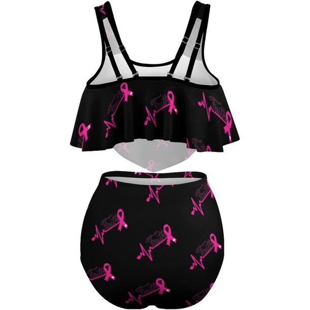 Faith Heartbeat Ribbon,Breast Cancer Women's Two Piece Tankini Swimsuits Bikini Suit with Top