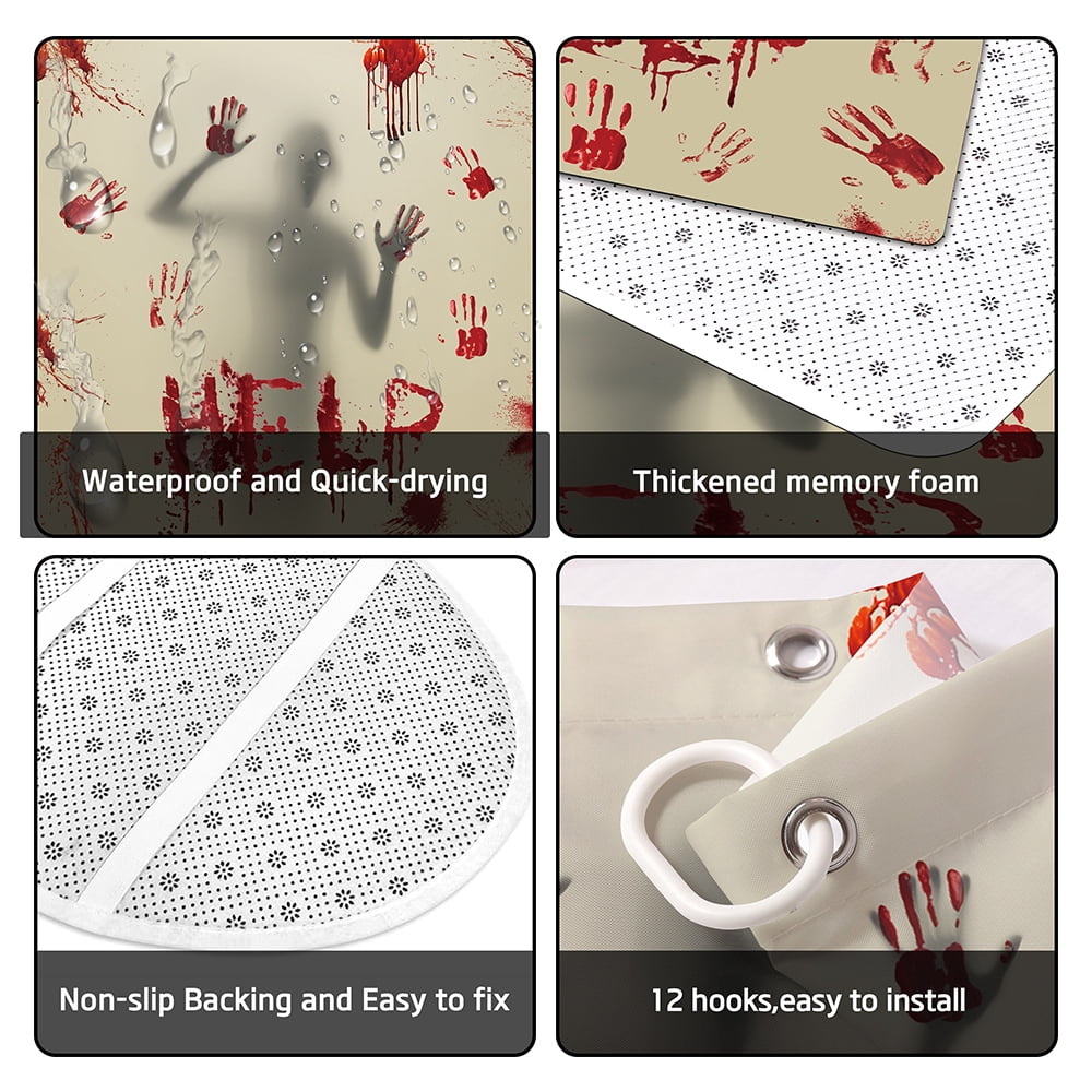 4pcs Halloween Shower Curtain Set Help Me Bloody Hands Horror Bathroom Curtain & Bathtub Decor Waterproof Fabric with 12 Hooks