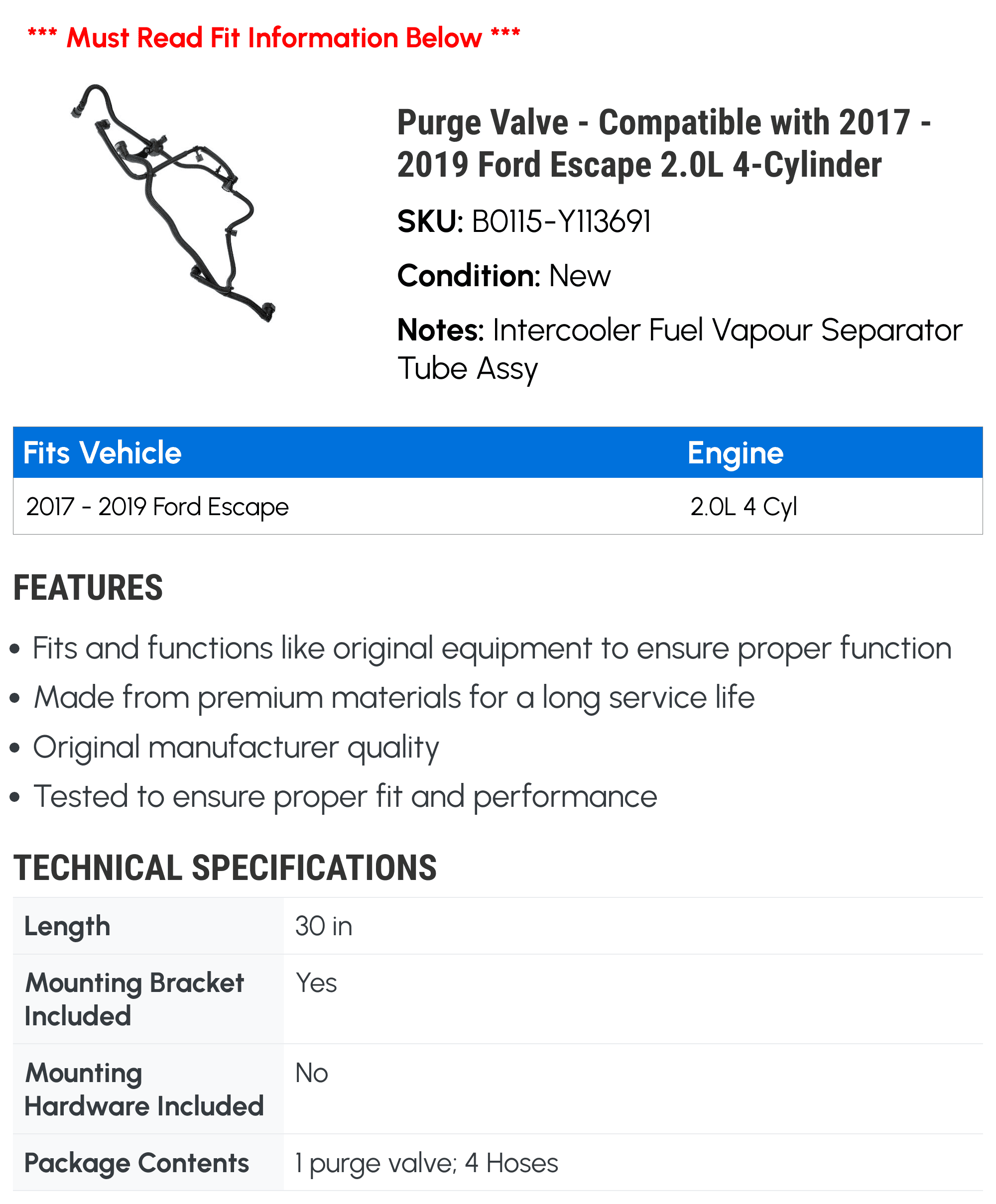Purge Valve - Compatible with 2017 - 2019 Ford Escape 2.0L 4-Cylinder - Dorman