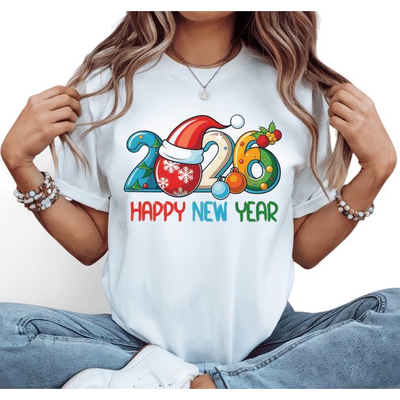 2026 New Year Graphic Tees White Print Tshirt Shirts S-5XL Festive Seasonal Tops