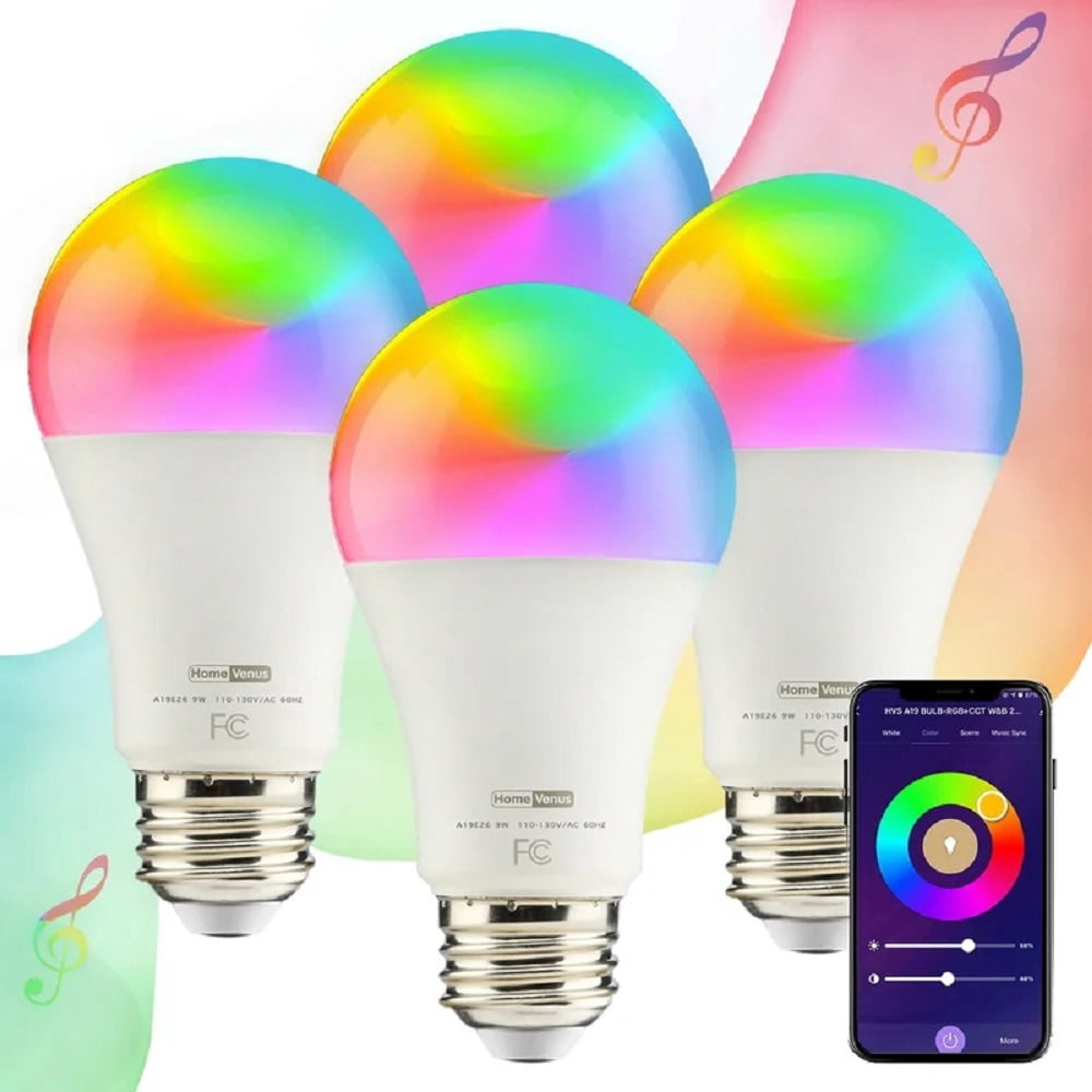 Homevenus Smart Light Bulbs, 9W A19 RGB Color Changing LED Light Bulb with Music Sync Controlled Via Wi-Fi & Bluetooth, Dimmable Tunable White, Works with Alexa Google Assistant, 4 Packs