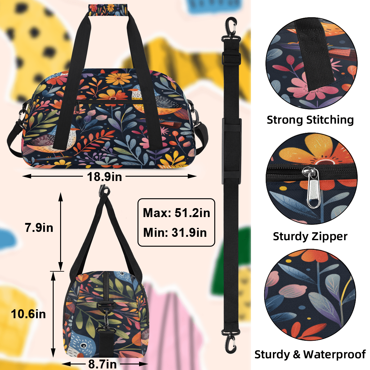 Herdesigns Floral Bird Sports Duffle Bag for Women & Men, Plant with Floral Gym Bag Dance Bag Overnight Bag Carry On Weekender Travel Bag