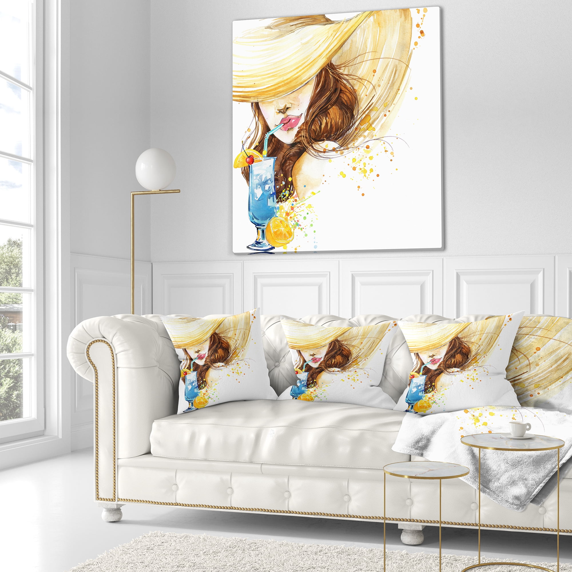 Designart Woman with Fruit Cocktail - Abstract Throw Pillow - 16x16