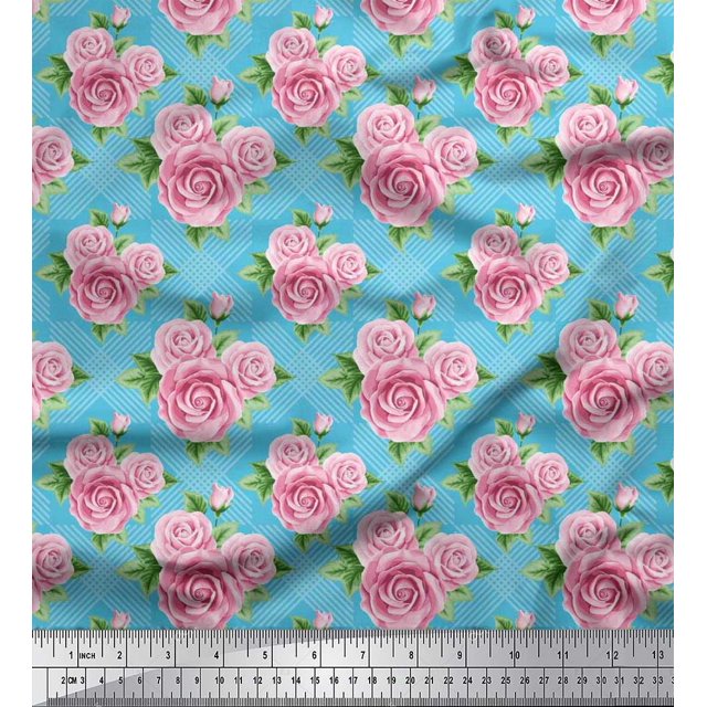 Soimoi Rayon Fabric Check,Leaves & Rose Floral Print Sewing Fabric Yard 42 Inch Wide