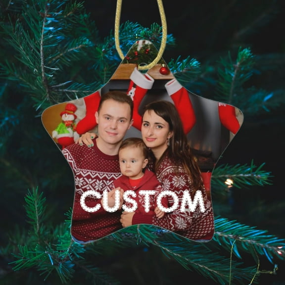 Personalized Star-Shaped Ceramic Christmas Ornament - Custom Photo & Text, Christmas Tree Hanging Decoration Gift for Family and Friends, 2 Pack