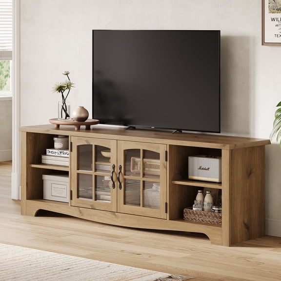LINSY HOME Modern Farmhouse TV Stand for TVs up to 75", Home Entertainment Center with Storage Cabinet and Adjustable Shelves,Oak