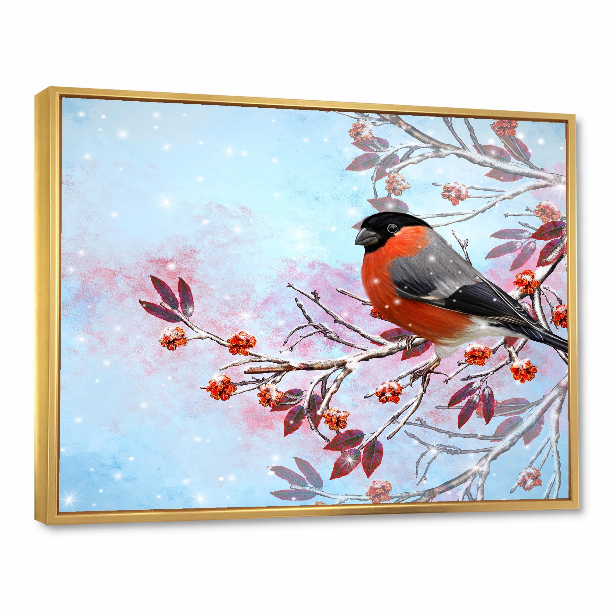 Designart 'A Bright Bullfinch Bird Sitting On A Branch' Traditional Framed Canvas Wall Art Print