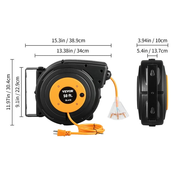 VEVOR Retractable Extension Cord Reel, 50 FT, Heavy Duty 14AWG/3C SJTOW Power  Cord, with Lighted Triple Tap Outlet, 13 Amp Circuit Breaker, 180° Swivel  Bracket for Ceiling or Wall Mount, UL Listed 