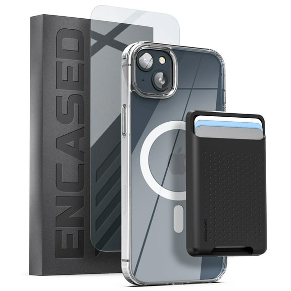 Encased Magnetic Wallet Case Set - Designed for iPhone 14 Clear Case with Card Holder and Tempered Screen Protector (Compatible with MagSafe Accessories)