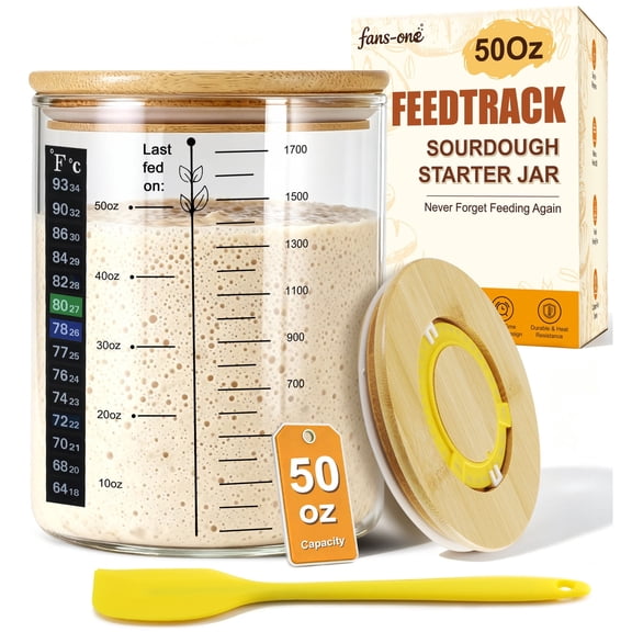 Sourdough Starter Jar, 50 oz Large Sourdough Jar with Time Keeper, Thermometer, Scraper, Wide Mouth Glass Sourdough Starter Kit for Beginners and Professional Bakers