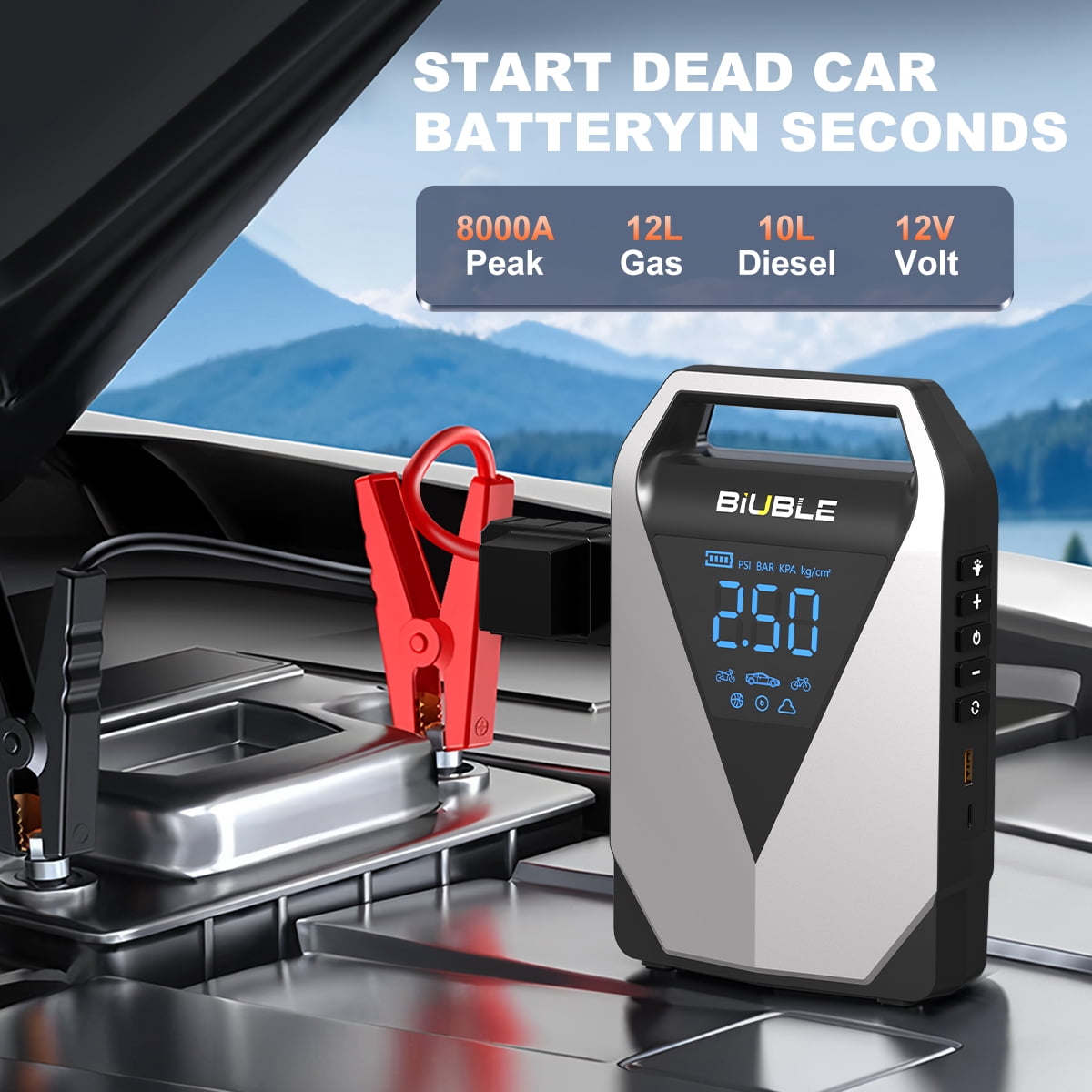 BIUBLE Portable Car Starter with Air Compressor, 8000A Car Battery Charger Power Jump Starter (12.0L Gasoline/10.0L Diesel), 150PSI Tire Inflator, 3 Modes LED Emergency Light