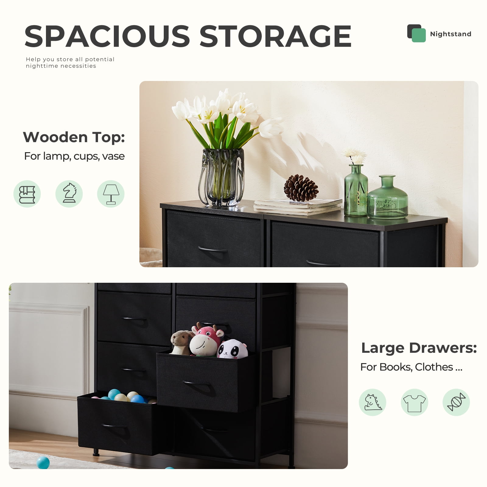 Aidoly Dresser for Bedroom, 8 Storage Drawers, Anti-Tip Fabric Closet Chests Organizer Tower Furniture with Wooden Top Metal Frame for Clothes, Living Room, Hallway, Entryway, Black
