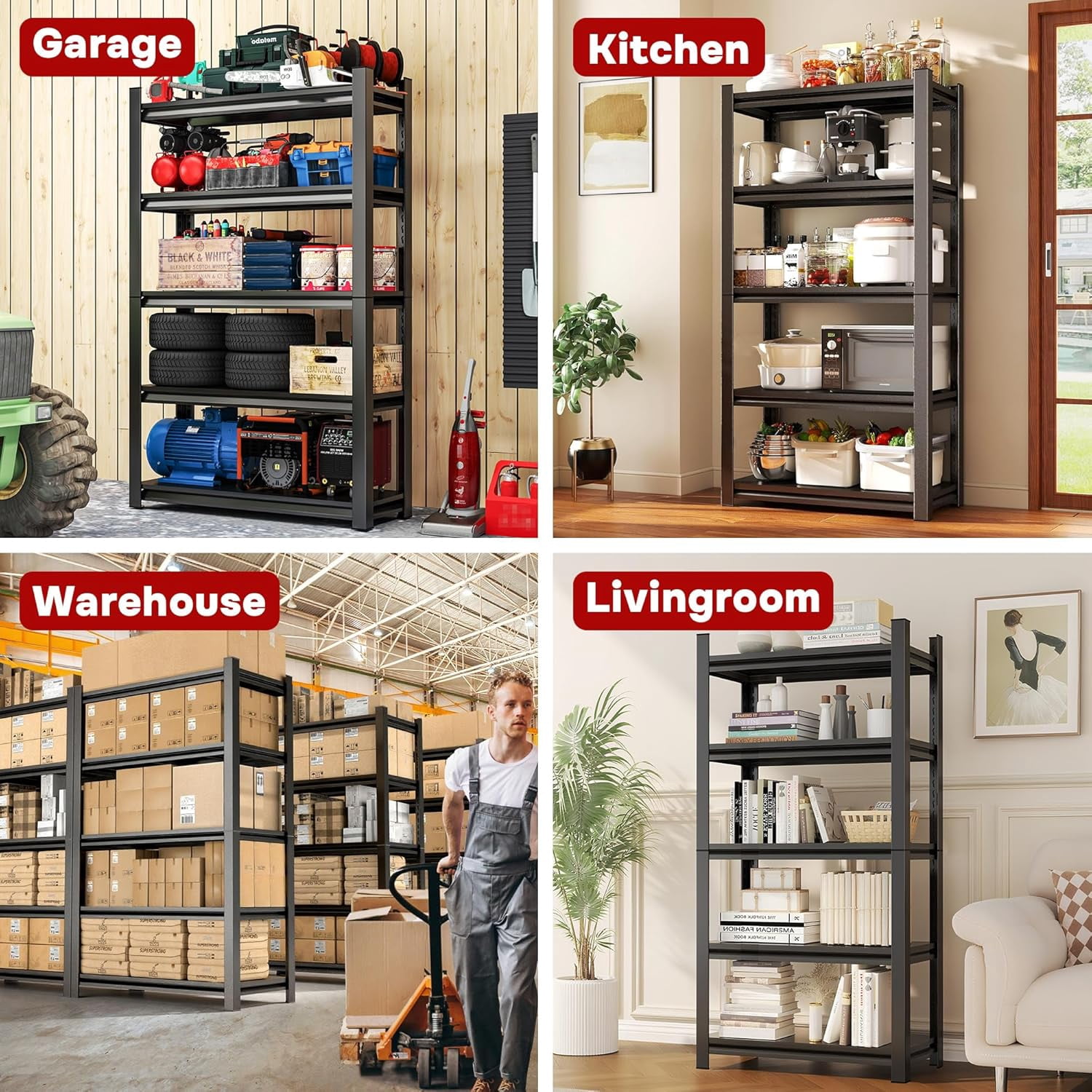 Plant Shelf, 4 Tier Heavy Duty Storage Shelves, 54"H Adjustable Steel Shelving Unit, 3000 LBS Capacity Waterproof Rustproof Metal Rack for Home Garage Pantry Organization|10"D x 16"W , Black
