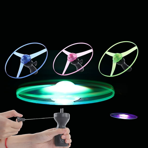 LED Light up Spinning Flying Disc Saucer Pull String Kids Toy Party