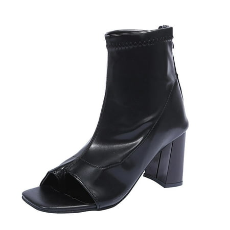 

Wandatree Faux Leather Wrapped High Heel for Women Square Toe Chunky Back Zipper Heel Fish Mouth Sandals Black 9.5