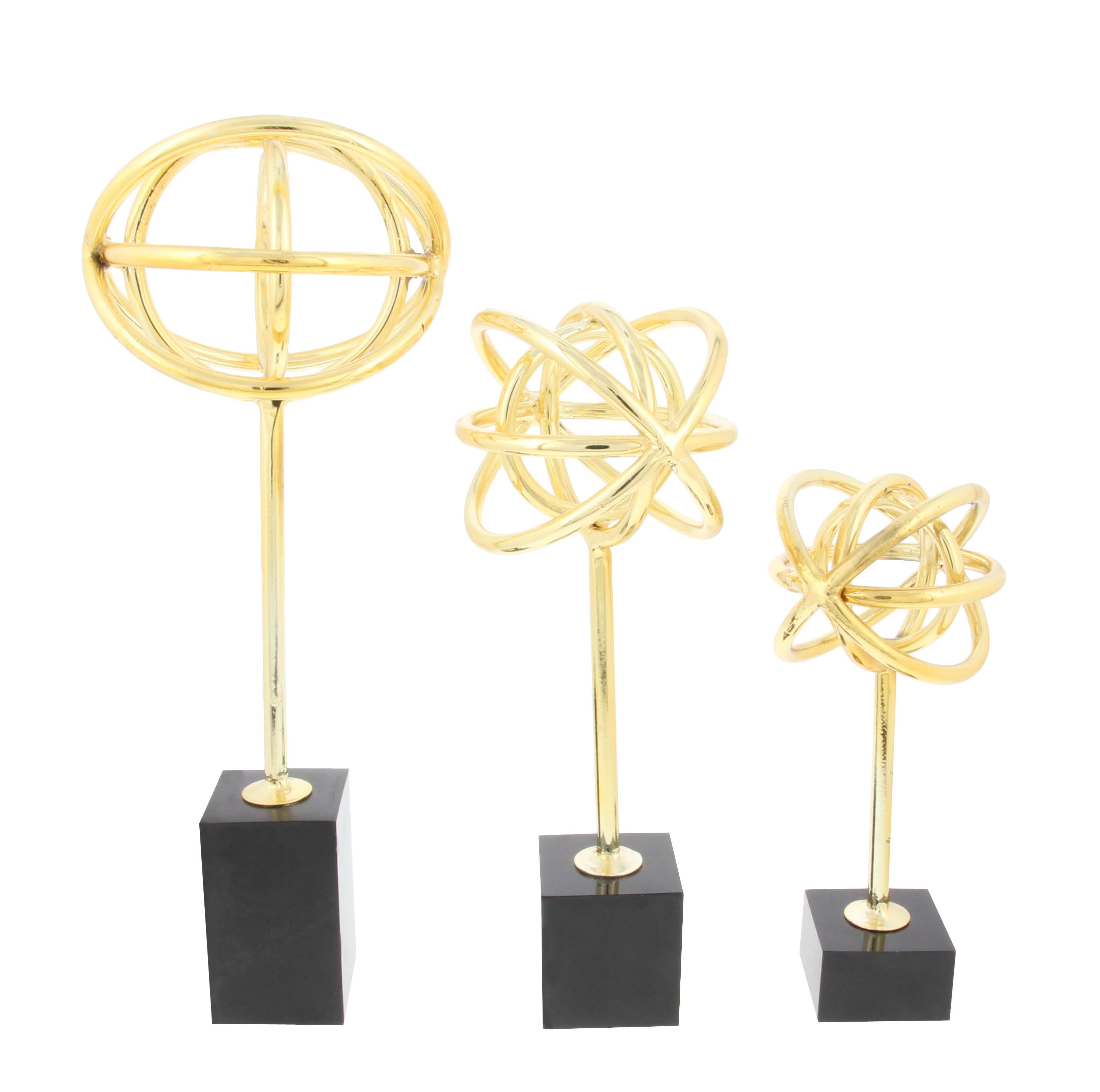 Decmode Set of 3 Modern 8, 12 and 10 Inch Iron and Marble Armillary Sculptures, Gold by DecMode