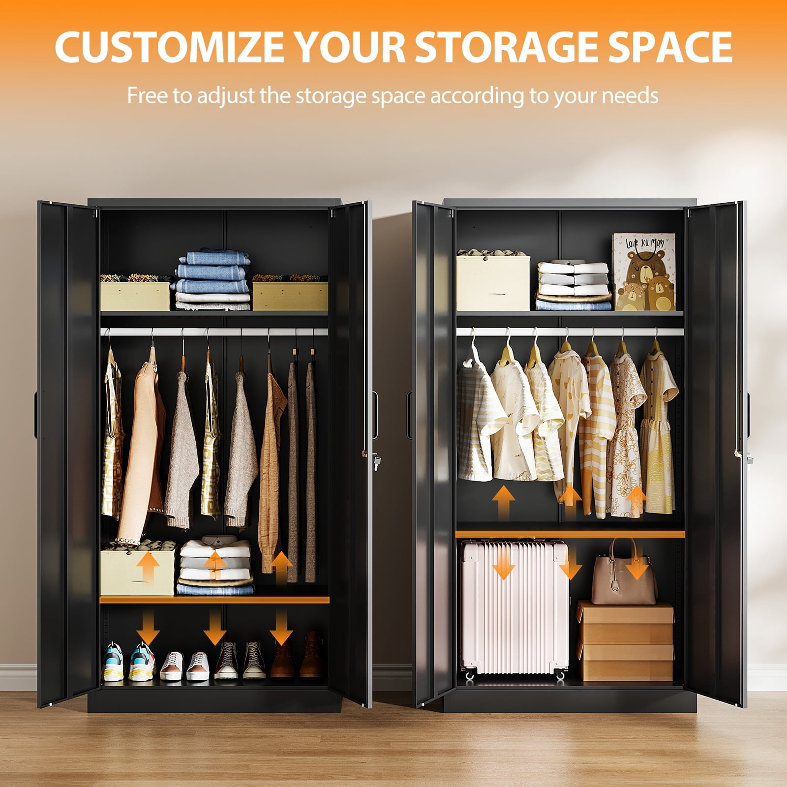 STANI Metal Armoire Closet with Lock, 72" Tall Wardrobe Cabinet with Hanging Rod,Black Steel Clothing Locker Storage for Home,Bedroom,Office,Employee