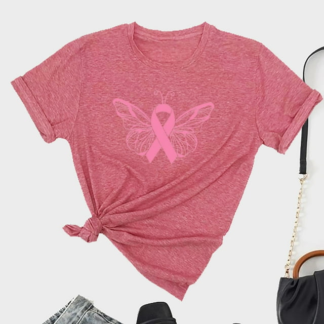 TIMIFIS Chandails de Sensibilisation au Cancer du Sein pour Femmes Été Ample Imprimé T-Shirt à Col Rond Manches Courtes Blouse Décontractée Automne/hiver