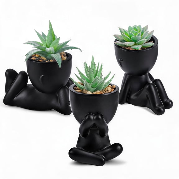 Miracliy 3 Pack Abstract Human Shaped Succulent Planters, Black Small Figurine Plant Pots for Desktop Home Decor