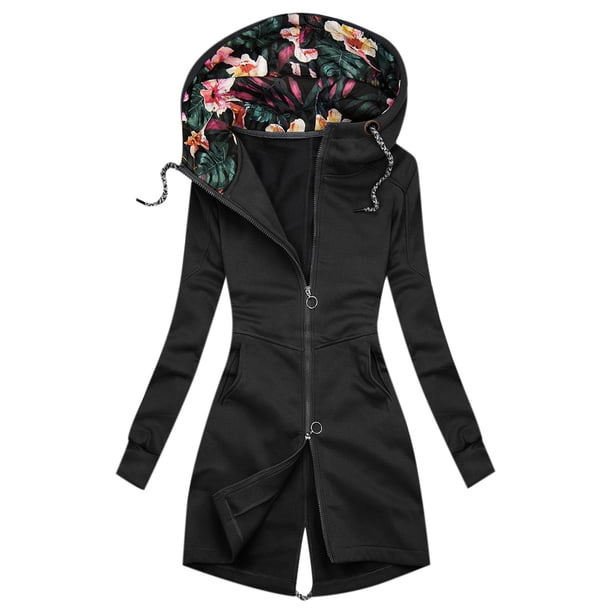 Moda mujer manga larga otoño impresión blusa con capucha cárdigan bolsillo cremallera abrigo Tops Pompotops qwe19089