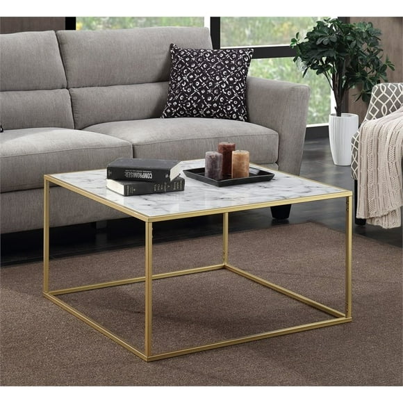 Convenience Concepts Gold Coast Square Faux Marble Coffee Table in Gold Metal