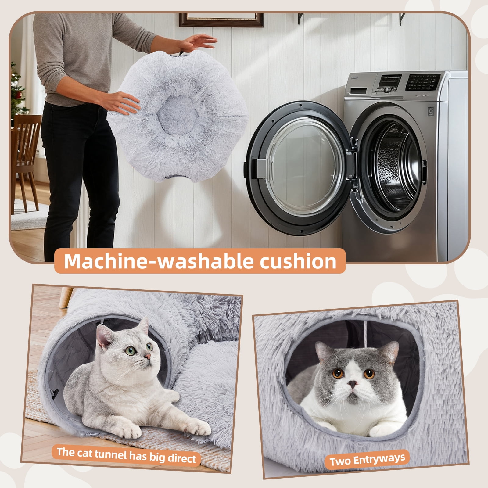 LIFERECORD Cat Tunnel with Cat Bed for Indoor Cats, Under Christmas Tree Soft Plush Peekaboo Cat Cave Donut Tunnel, Multifunctional Playground Toys Hideplace for Kittens, Rabbit - Grey