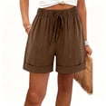 thumbnail image 2 of Women's Rolled Hem Linen Bermuda Shorts Elastic High Waist Drawstring Casual Loose Fit Summer Comfy Shorts Holiday Short Pants, 2 of 4