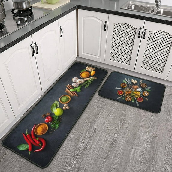 Artistic and Colorful Kitchen Rugs and Mats Set of 2, Spicy Art Non-Slip Backing Kitchen Rugs, Cooking Sets Low-Profile Washable Floor Mat for Home Kitchen Decor - 17x29 and 17x47 Inch