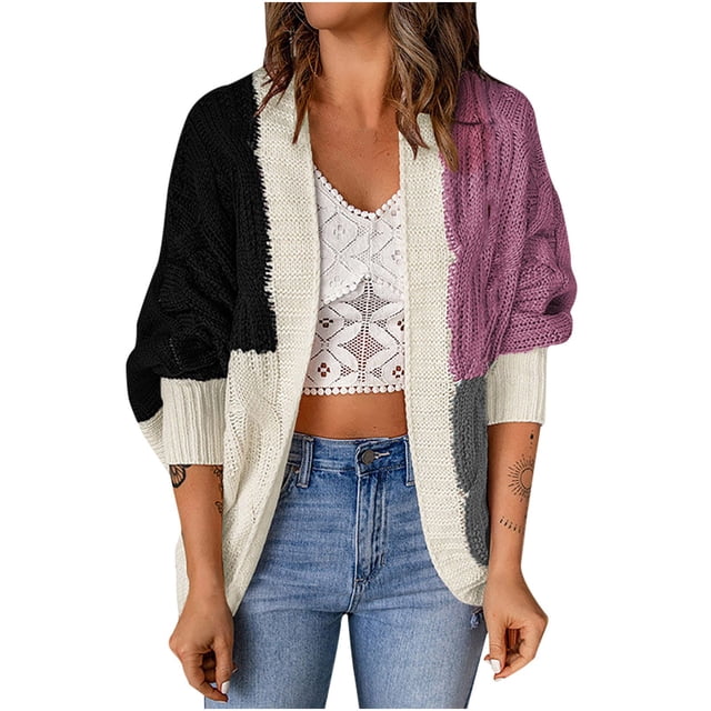 vdgthytj Cardigan Sweaters for Women Plus Size Long Sleeve Color Block Knitwear Fall Winter Open Front Clothes