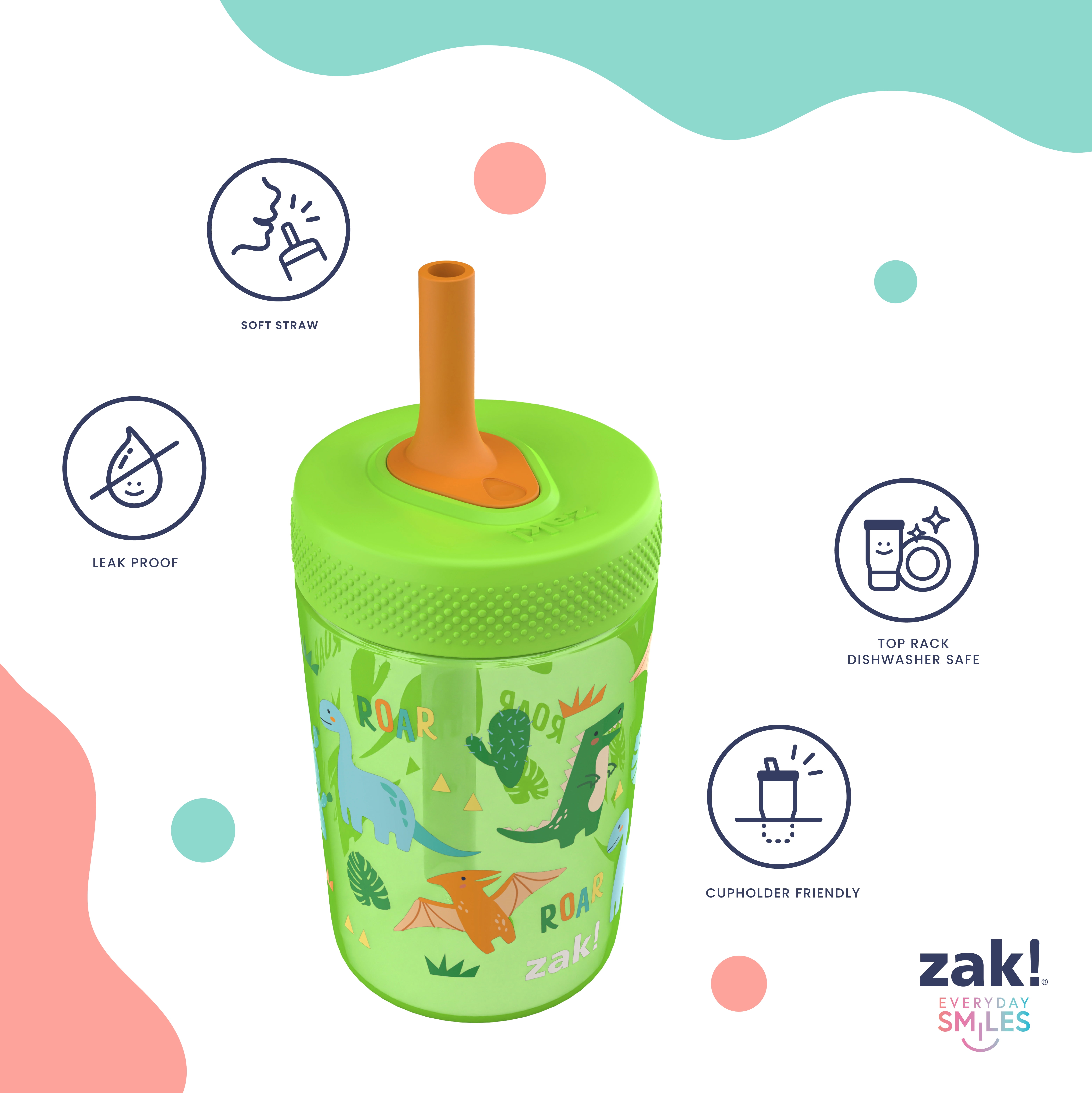 Zak Designs Capri Tumbler, Soft Straw Tumbler for Toddlers, 12oz, Leak-Proof, Easy to Hold, Dinosaur