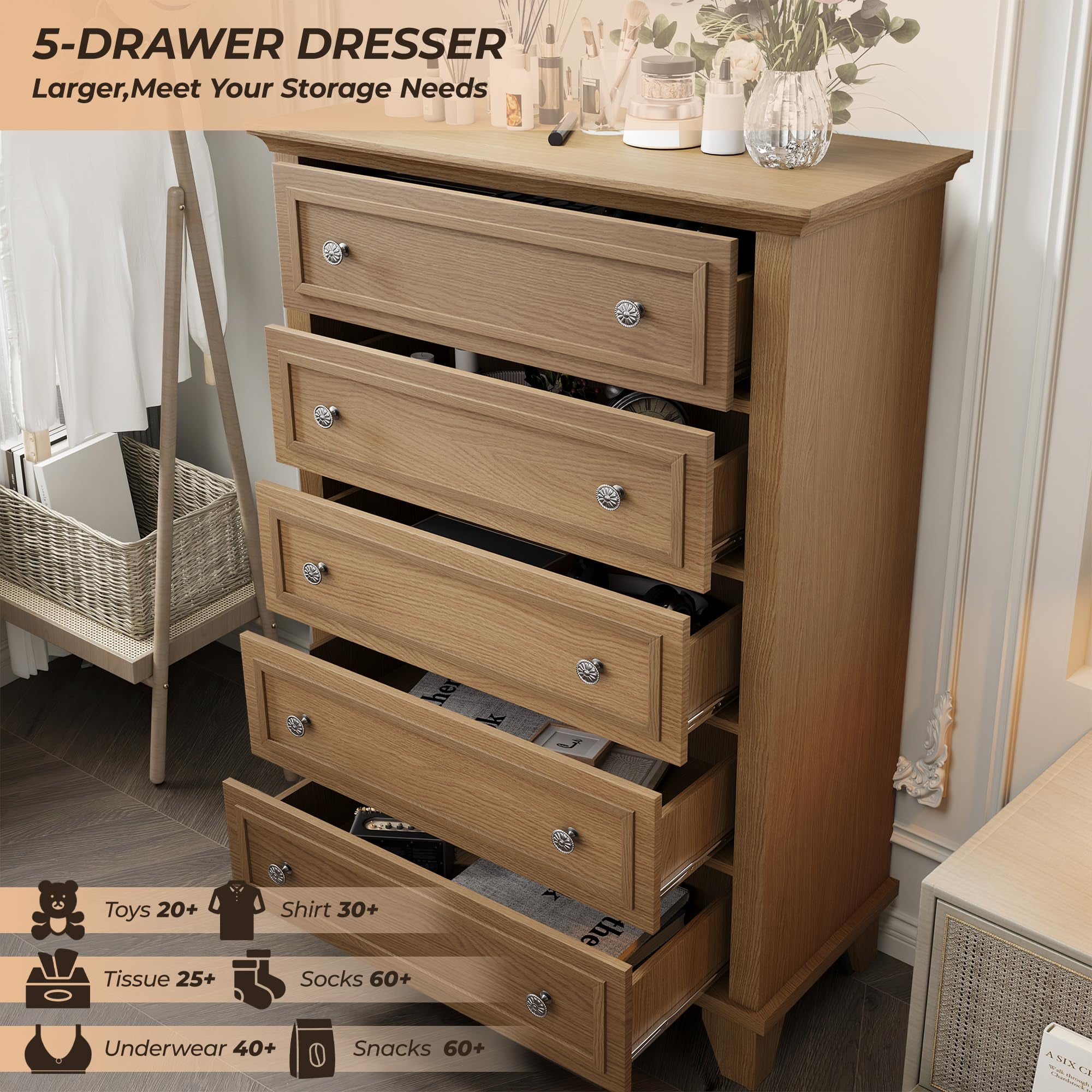 5 Drawer Dresser for Bedroom, 48" Tall Modern Chest of Drawers with Deep Drawers, Wood Storage Cabinet with Vintage Metal Handles for Living Room, Hallway, Brown