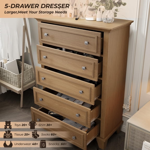 5 Drawer Dresser Tall Wooden Chest of Drawers Storage Cabinet for Bedroom Living Room