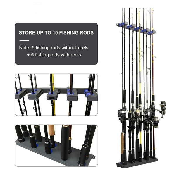 Flyflise Fishing Rod Rack For 10 Fishing Rods Wall Mounted Fishing Pole Storage Rack Stand Holder Blue