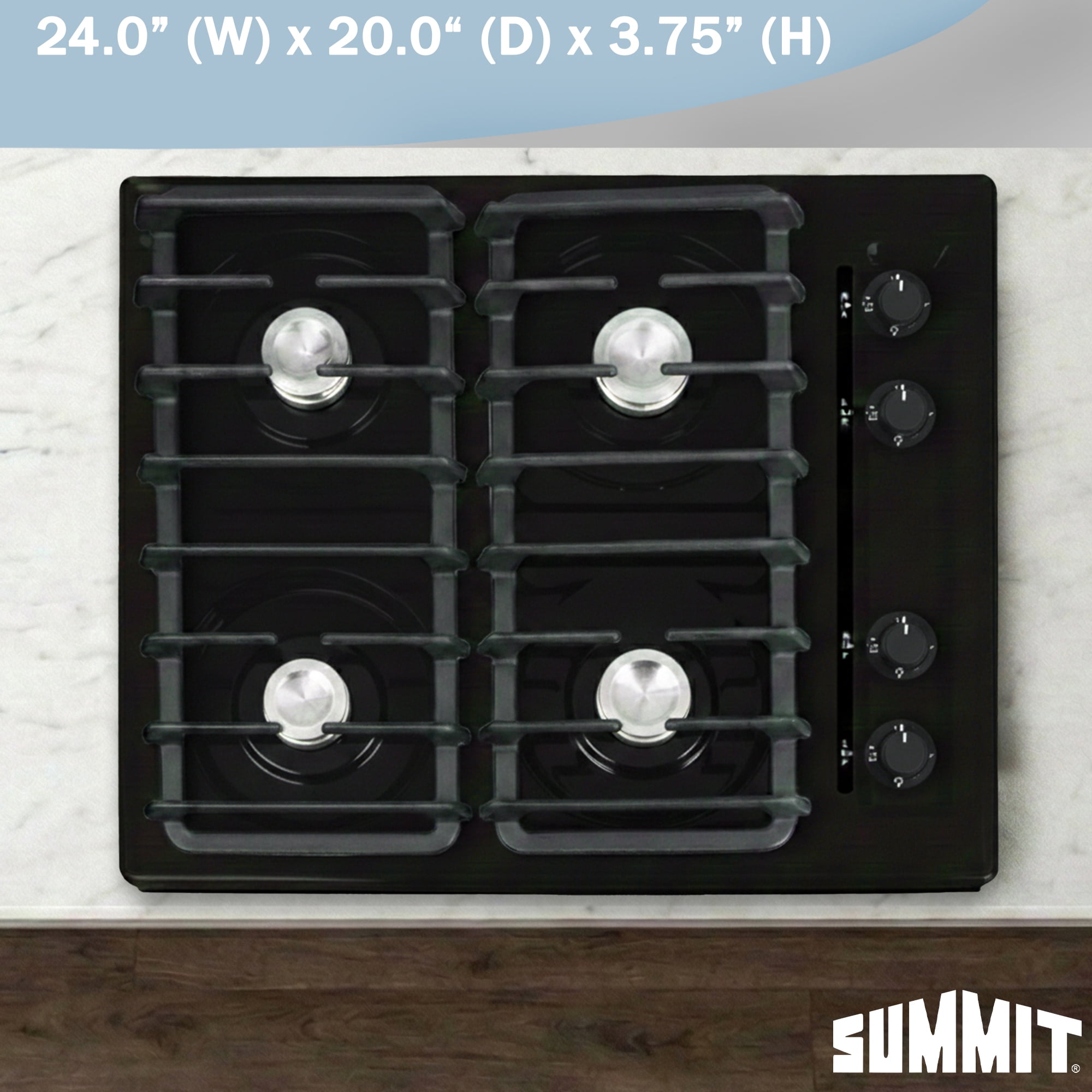 Summit 24" Gas Cooktop, 4 Burners, Electric Ignition, 115V-3 Gas Cooktop, Black - TNL033I