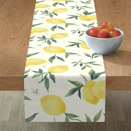 

Cotton Sateen Table Runner 108 - Lemonade Lemons Summer Leaves Nature Fruit Citrus Beige Print Custom Table Linens by Spoonflower