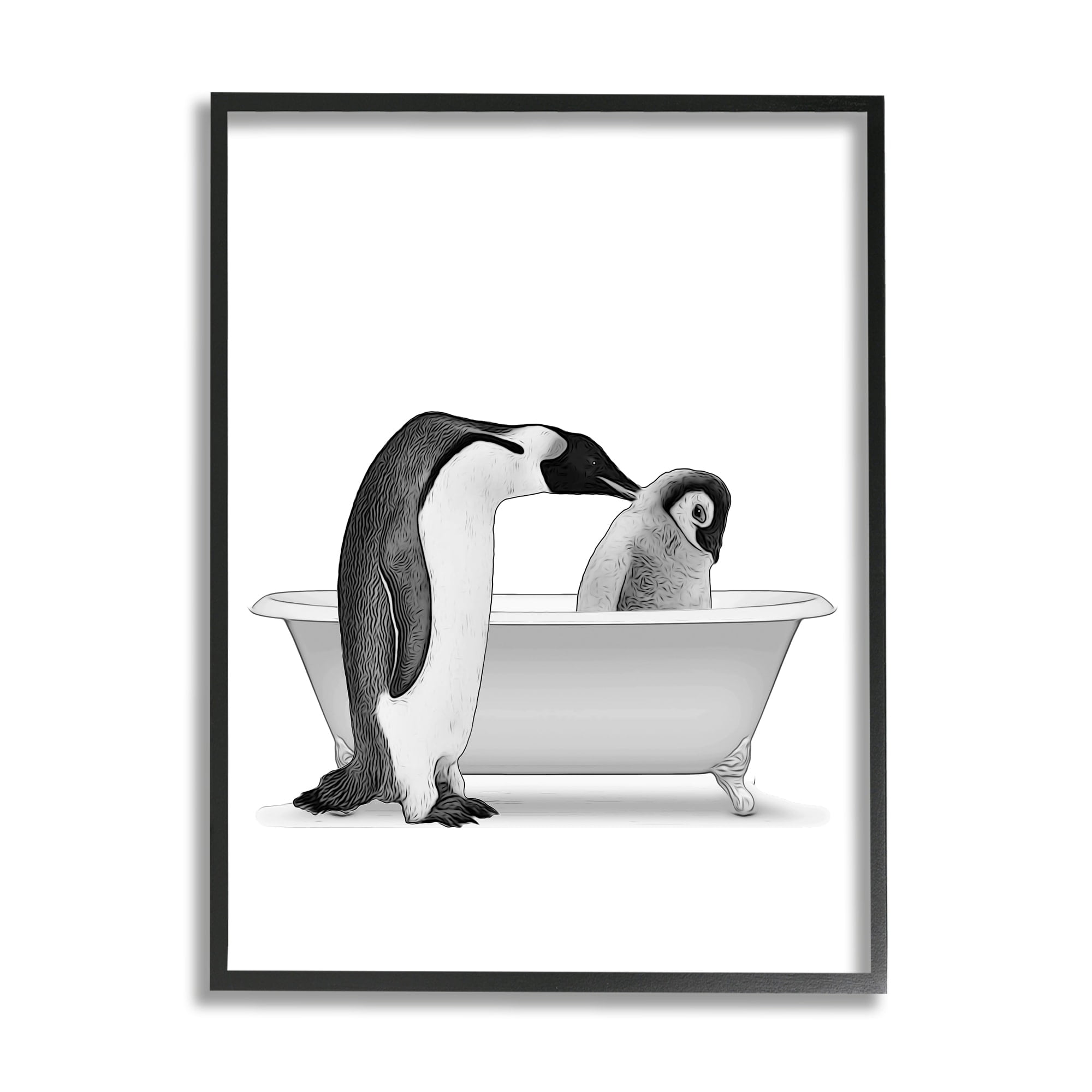 Stupell Industries Penguin & Chick Bathroom Tub Animals & Insects Painting White Framed Art Print Wall Art