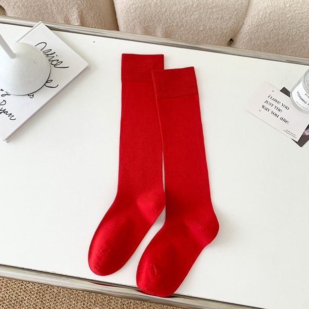 Xiao Hua 3 pares de calcetines casuales de tubo de algodón hasta la rodilla para mujer, de punto liso, largos hasta la rodilla, regalo para toda la temporada, elásticos, suaves (rojos)