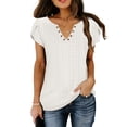 thumbnail image 1 of Tops de verano para mujer, camisa informal de Color puro con cuello en V y mangas de pétalos recortadas de Jacquard para fiesta, oficina y compras, 1 of 4