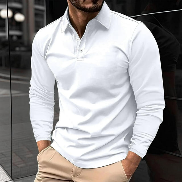 ylioge Golf Shirts for Men Business Casual Long Sleeve T-Shirts Pullover Button Collared Solid Color Breathable Office Work Tees Tops
