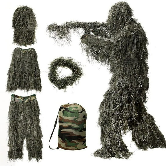 5 In 1 Ghillie Suit, 3D Camouflage Hunting Apparel Including Jacket, Pants, Hood, Carry Bag